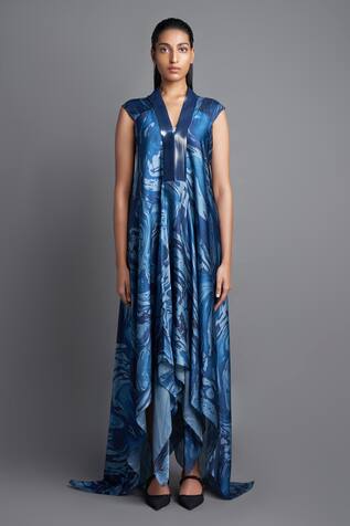 Amit Aggarwal Chiffon Metallic Marbled Pattern Draped Dress