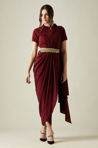 Aakaar Pleated Draped Saree Dress With Belt