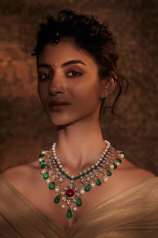 Tarun Tahiliani Glass Stone & Pearl Studded Pendant Necklace