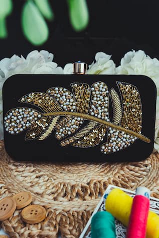 NR by Nidhi Rathi Wing Velvet Embroidered Clutch With Sling