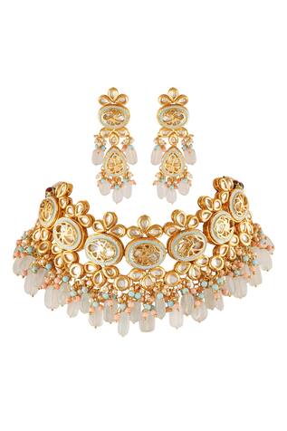 Chhavi's Jewels Bead Drop Carved Necklace Set