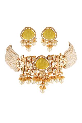 Chhavi's Jewels Bead Embellished Carved Necklace Set
