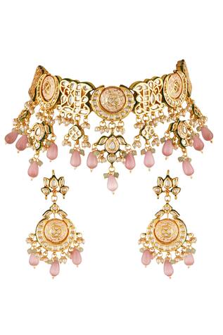Chhavi's Jewels Kundan Stone Carved Necklace Set