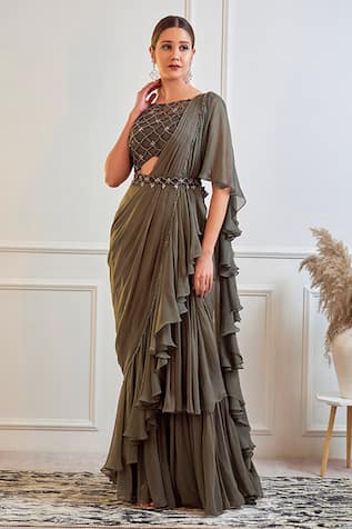 Jade By Ashima Georgette Pre-Draped Saree With Blouse