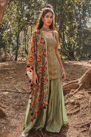 Drishti & Zahabia Chanderi Silk Ikat Print Kurta Set