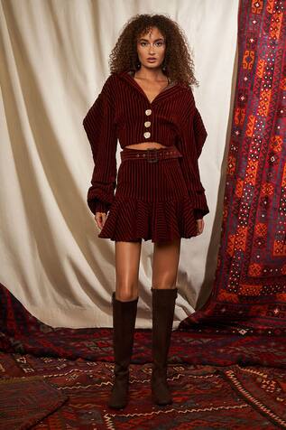 Nikita Mhaisalkar Corduroy Striped Skater Skirt with Belt