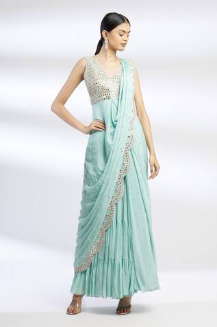 Chamme and Palak Embroidered Silk Saree Gown