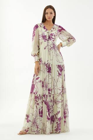 KoAi Chiffon Floral Pattern Tiered Dress