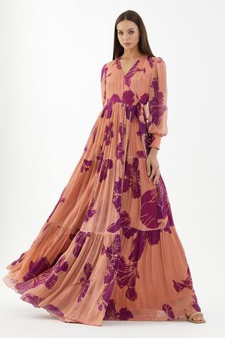 KoAi Chiffon Wrap Tiered Dress