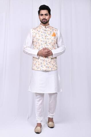 Aryavir Malhotra Floral Print Bundi & Kurta Set
