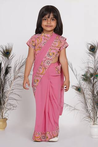 Little Bansi Floral Print Pre-Draped Saree With Blouse