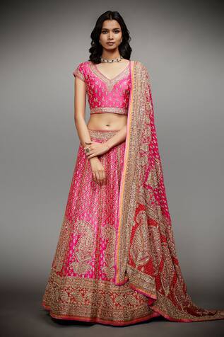 RI.Ritu Kumar Fuchsia pink & orange satin silk embroidered lehenga set