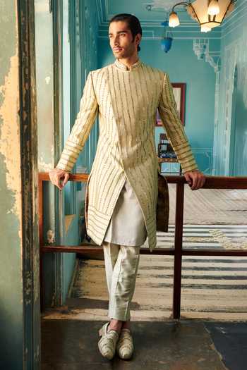 Buy Bindani by Jigar & Nikita Green Raw Silk Linen Satin Linear