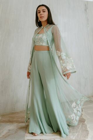 Mishru Chanderi Embroidered Jacket with Pant Set
