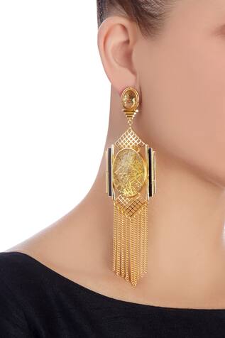 Masaya Jewellery Gold grid & chain earrings with black highlights