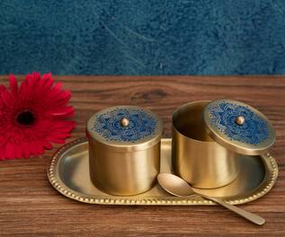 Nakshikathaa - Homeware Utsav Brass Condiment Jars With Tray & Spoon