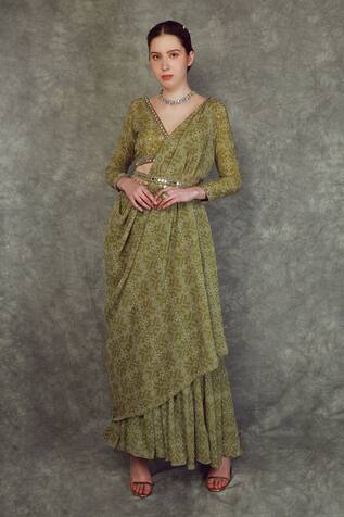 Neha Khullar Bandhani Print Pre-Draped Saree Set