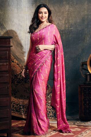 Buy Punit Balana Pink Satin Silk Striped Saree With Blouse Online | Aza ...