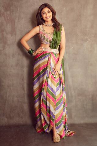 Punit Balana Stripe Print Pre-Draped Saree Set