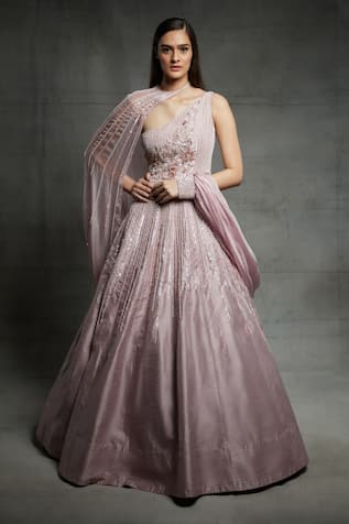 Pink Peacock Couture One Shoulder Gown with Embroidered Cape