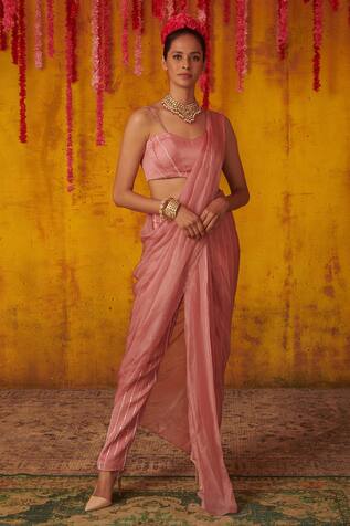 Pink Peacock Couture Embroidered Pre-Draped Pant Saree Set