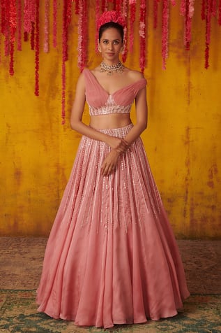 Pink Peacock Couture Silk Embroidered Choli & Lehenga Set