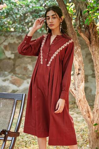Pozruh by Aiman Handloom Denim Embroidered Dress