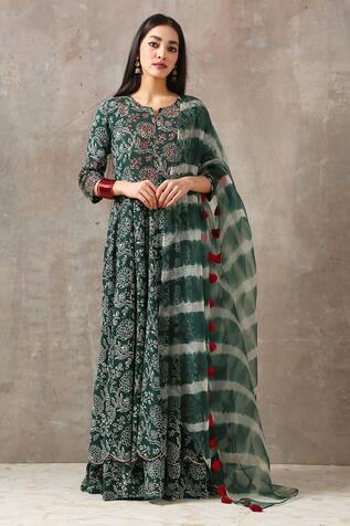 Buy Rekha By Deepak Nagrani Green Cotton Slub Printed Anarkali With