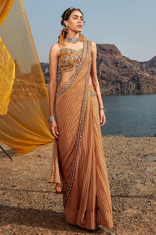 Awigna Pre-Stitched Printed Saree With Blouse