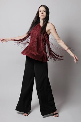 Swatee Singh Crepe One Shoulder Fringe Top
