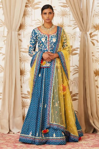 Buy Shyam Narayan Prasad Blue Viscose Silk Embroidered Kurta And ...