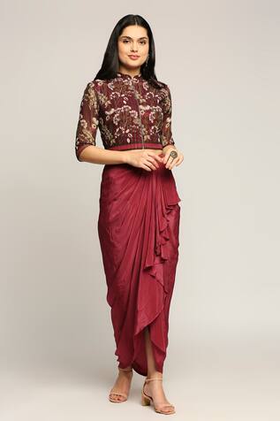 Soup by Sougat Paul Draped Skirt With Printed Jacket