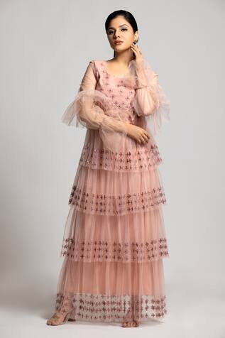S & V Designs Floral Thread Work Pleated Layered Gown