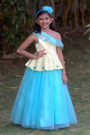 Blue Asymmetric Colorblock Gown For Girls