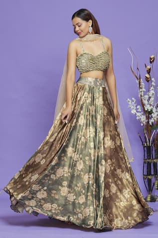 Strappy Blouse & Floral Print Lehenga 