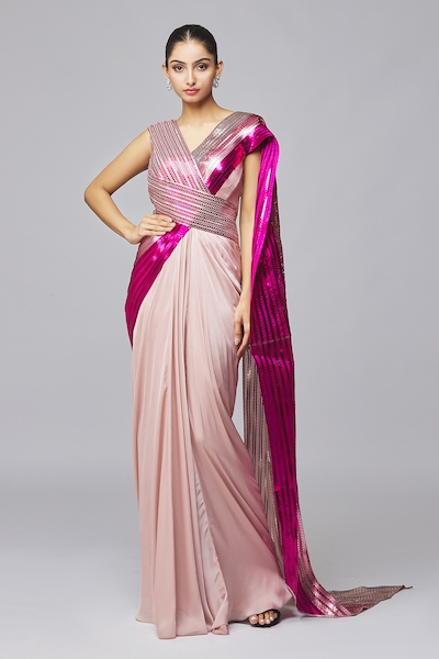 Amit Aggarwal Metallic Stripe Draped Gown