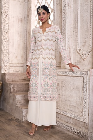 Aariyana Couture Front Slit Embroidered Kurta & Flared Pant Set 