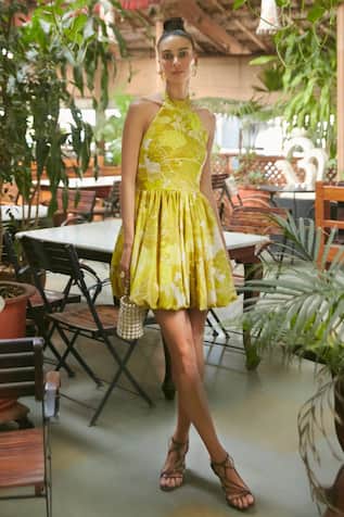 Shop Now Dresses Online Yellow Bodycon Dress Designer Sleeveless Round Neck  Dress – Lady India