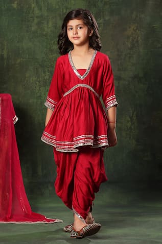 Curly Tales Girl's Red Poly Cotton Party Wear Kurta With Dhoti Set