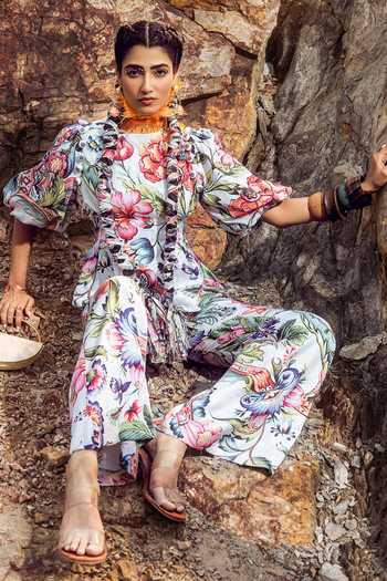 Akanksha Mago Cotton Floral Print Top & Bell Bottom Pant Set 