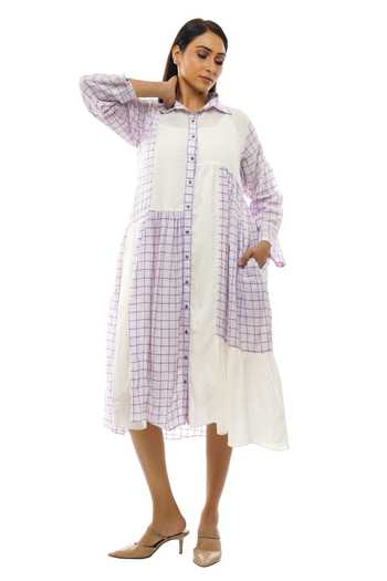 Khat Checkered Pattern Handwoven Cotton Shirt Dress 