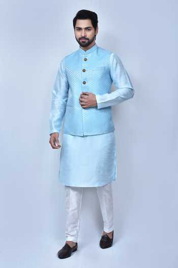 Arihant Rai Sinha Woven Sky Blue Bundi & Kurta Set 