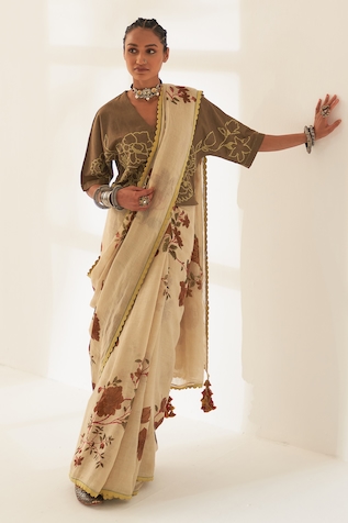 Kasturi Kundal Paat Pure Linen Handloom Saree With Unstitched Blouse