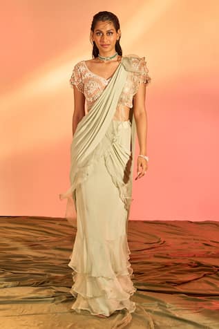 Pre-Draped Saree With Hand Embroidered Blouse 