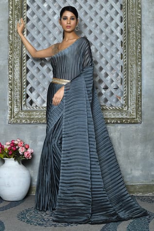 Grey and Black Woven Ruffled Lehenga Style Saree Saree 2634SR05