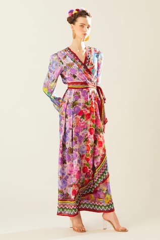 Udipti Silk Floret Pattern Wrap Dress 
