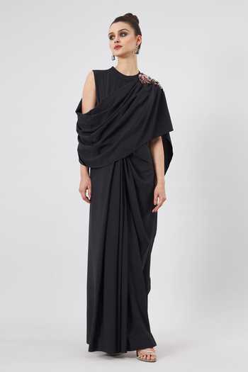 Aakaar Embroidered Asymmetrical Black Maxi Gown 