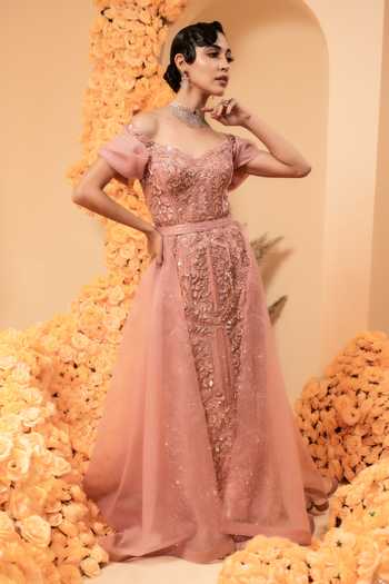 Adi By Aditya Khandelwl Floral Embroidered Net Gown With Trail 