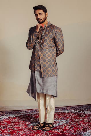 Ankita Shahabadi Floral Print Silk Bandhgala Set 