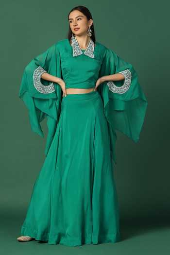 Two Sisters By Gyans Pearl Embroidered Sleeve Organza Cape & Skirt Set 